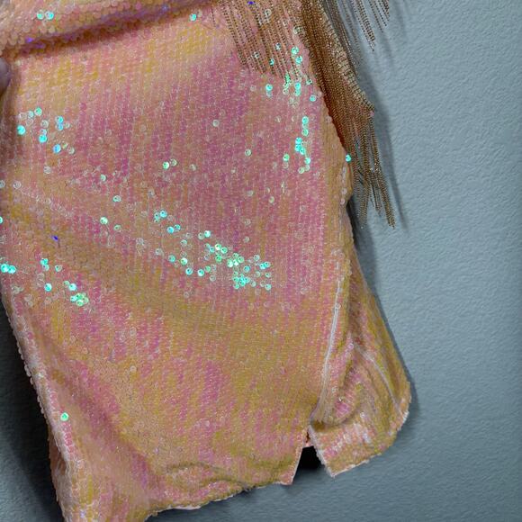 Hello Molly 4 Crystal Ball Sequin Mini Sheath Dress Peach Cut Out One Shoulder - Picture 7 of 11